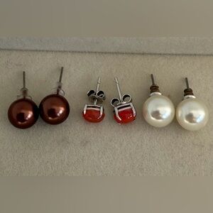 3 Pair Stud Earrings Bundle | Pearl & Red Stone | Fashion Jewelry Lot